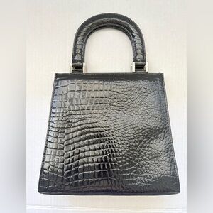 Express Vintage Elegant Classic Black Crocodile-Embossed Handbag Silver Hardware